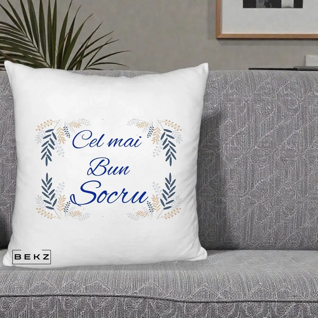 Cadou pentru Socru - Perna Personalizata Cel mai Bun Socru cu Ramuri Frunze Albastre si Aurii, 40x40 cm, Alb Pufos, Husa Detasabila, Perna Inclusa, BEKZ®