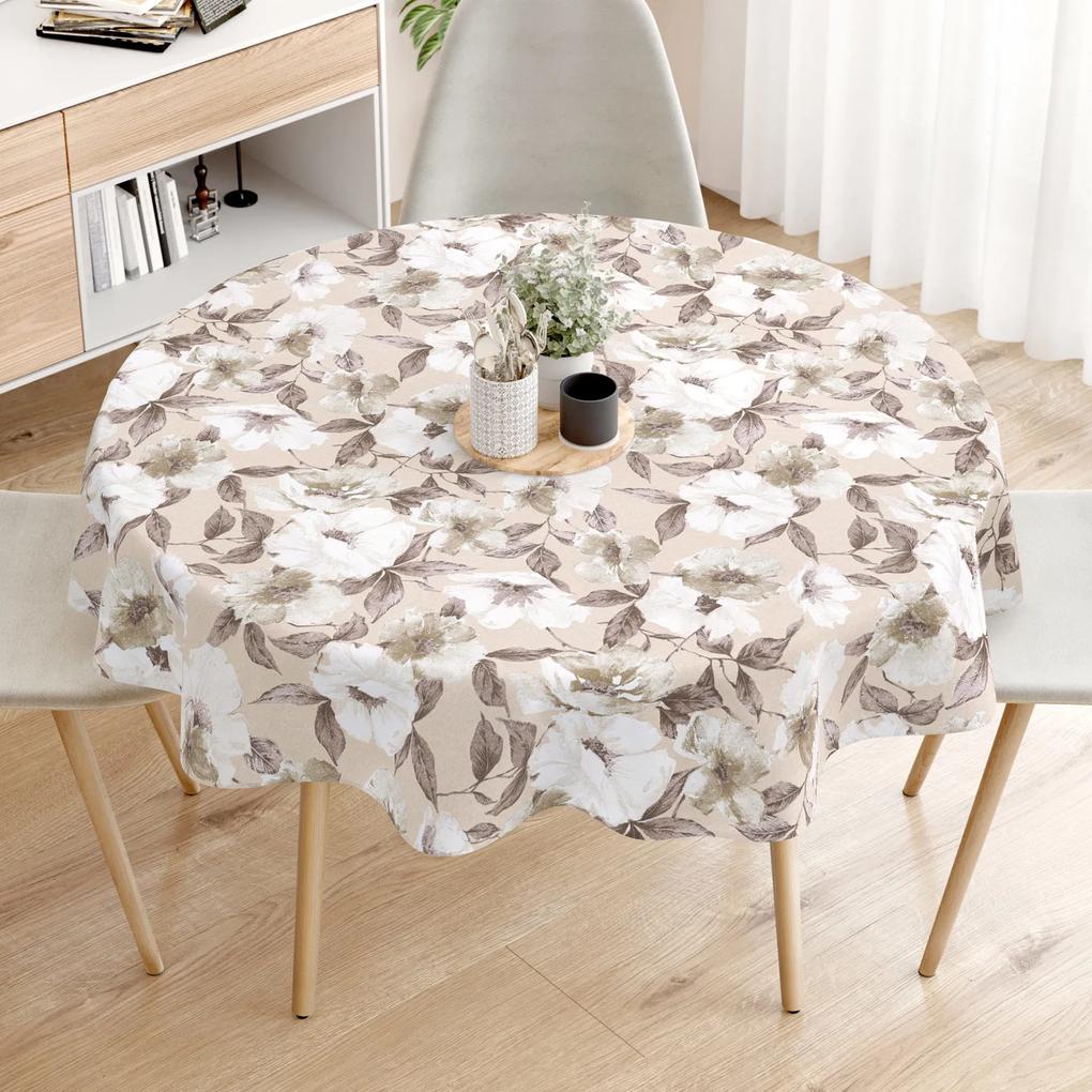 Goldea față de masă decorativă loneta - flori albe și maro cu frunze - rotundă Ø 120 cm