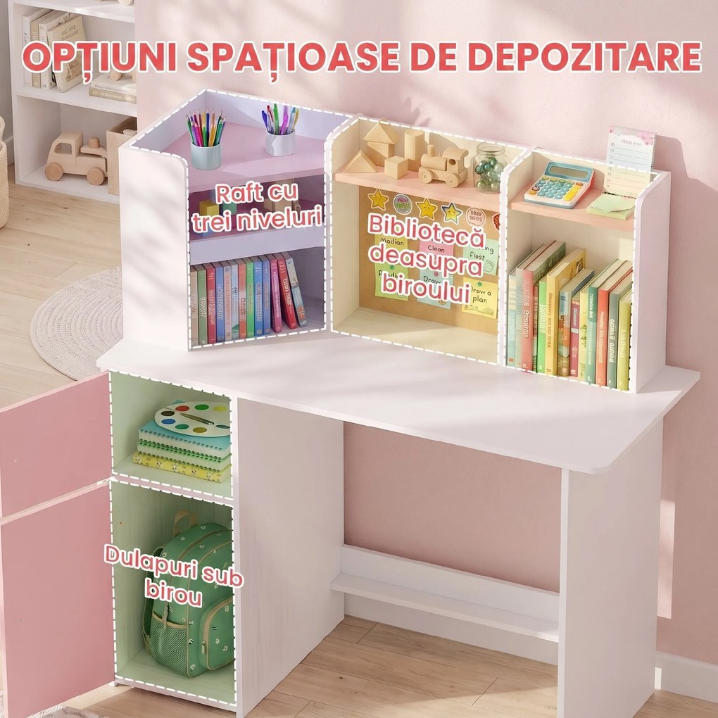 AIYAPLAY Set birou și scaun pentru copii 5-12 ani, cu bibliotecă, suport pentru creioane și suport reglabil pentru tabletă, roz | Aosom Romania