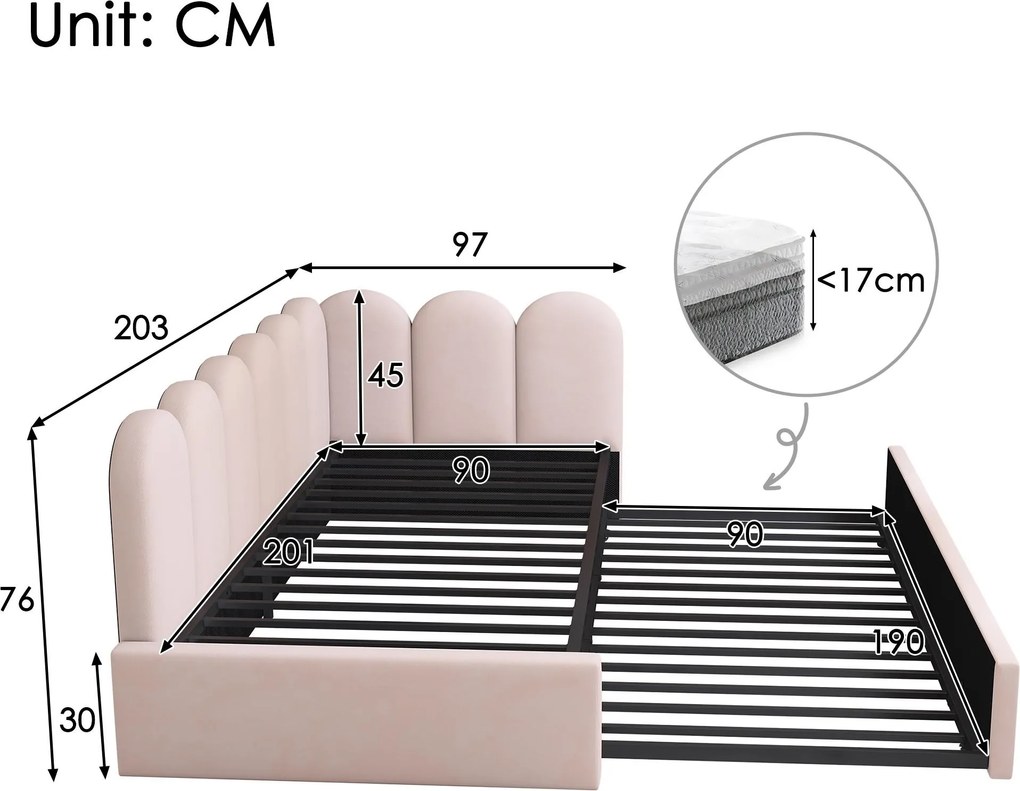 Pat de zi tapițat cu pat extensibil, canapea de dormit 2-în-1 cu tapițerie din catifea și somieră, fără saltea, pat principal 90x200 cm / pat extensibil 90x190 cm, Roz