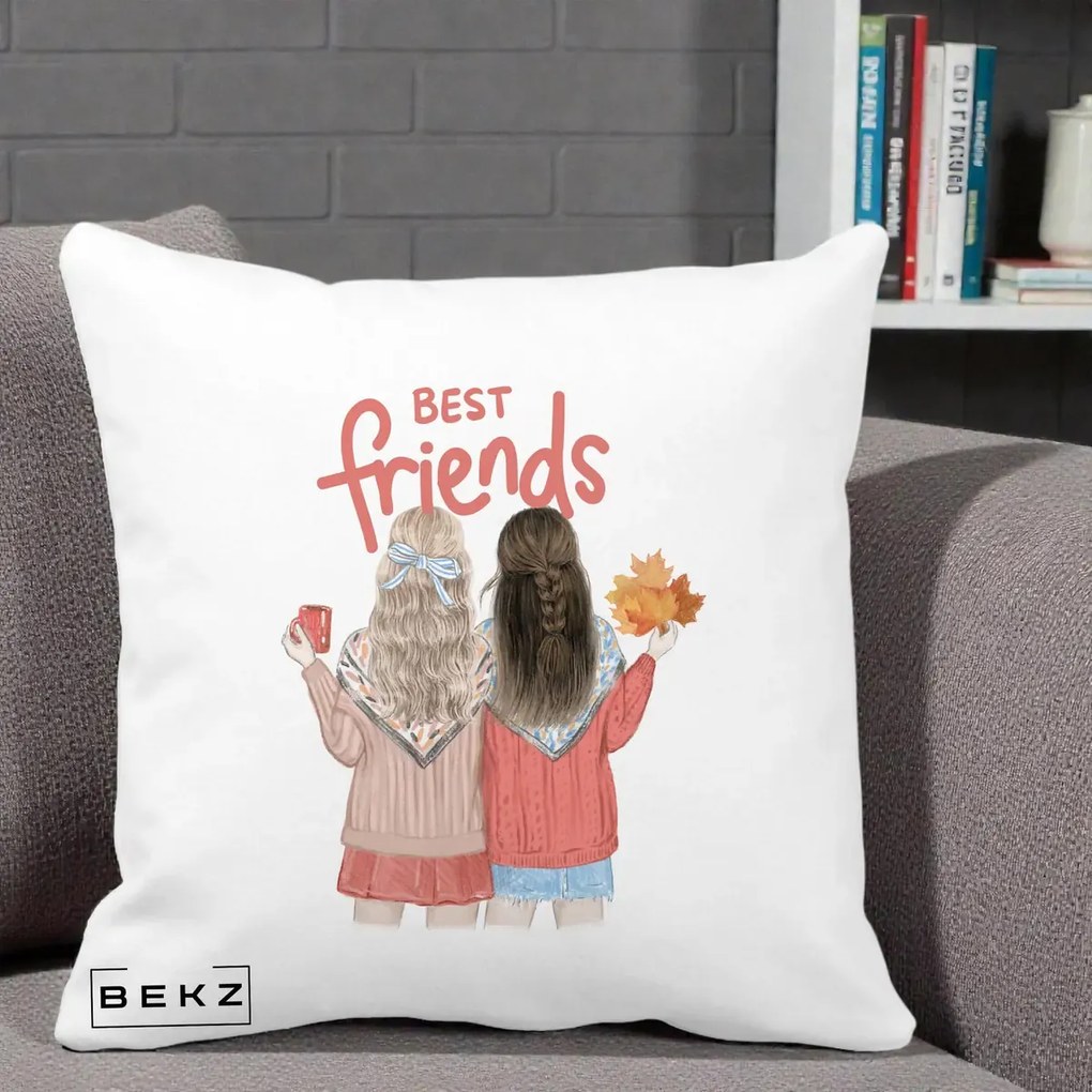 Cadou pentru Prieteni - Perna Personalizata Best Friends Toamna, 40x40 cm, Alba Mata, Husa Detasabila, Perna Inclusa, BEKZ®