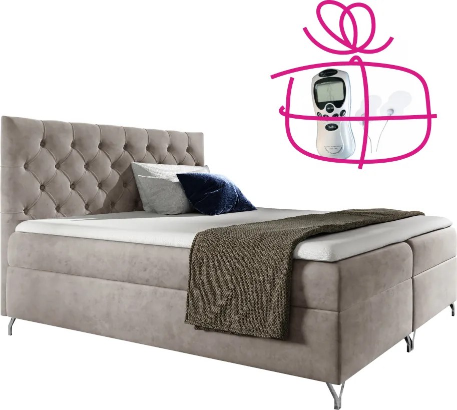 Pat cu boxspring, 160x200, ţesătură gri-bej Taupe Velvet, GULIETTE + cadou
