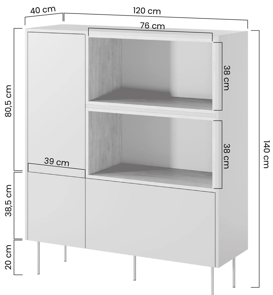 Comodă înaltă cu două uși Desin 120 cm - roșu ceramică / stejar nagano