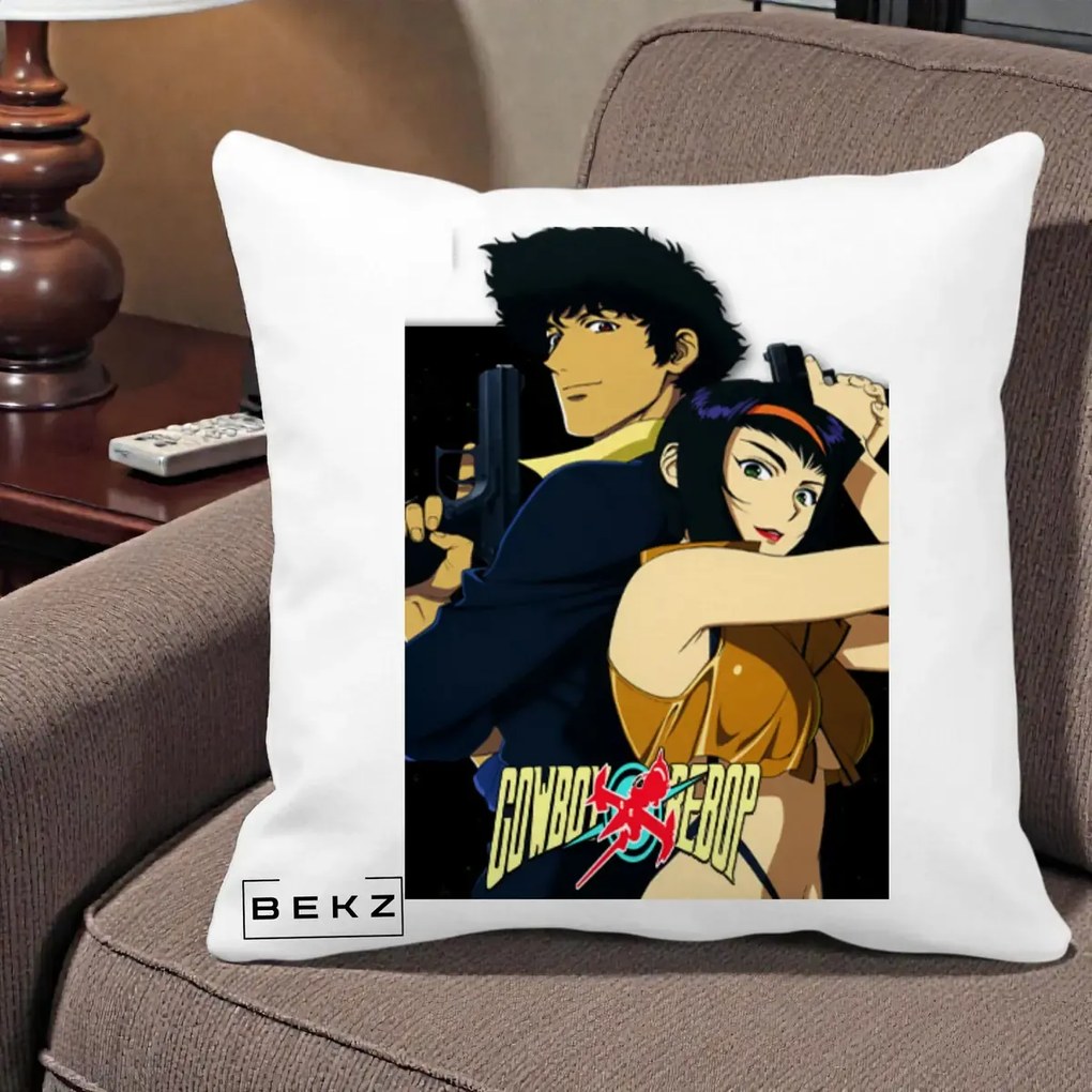 Perna Personalizata Cowboy Bebop Spike si Faye Poster, 40x40 cm, Alba Mata, Husa Detasabila, Perna Inclusa, BEKZ®