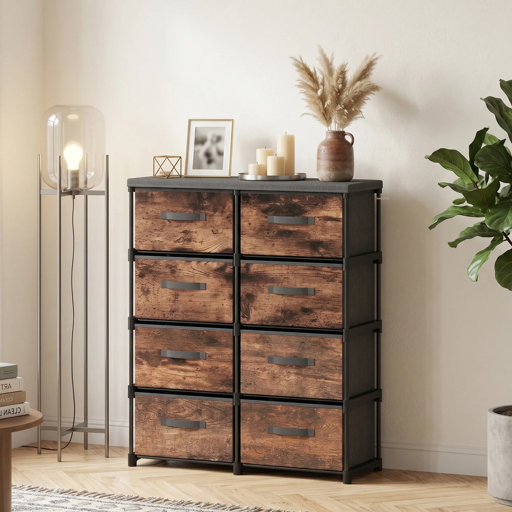 HOMCOM Comodă cu 8 Sertare, Mobilier din Metal pentru Dormitor, Maro Rustic | Aosom Romania