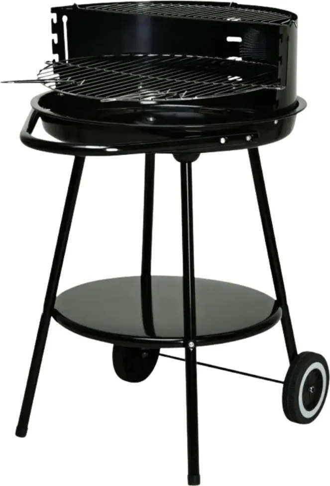 Grătar BBQ cu cărbuni, rotund Ø51 cm, cu roți și raft inferior, înălțime 82 cm, pentru grădină și outdoor