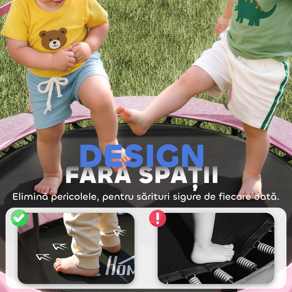 HOMCOM Trambolină Elastică pentru Copii 3-10 Ani cu Plasă de Siguranță și Țevi Capitonate, Ø140x190 cm, Roz | Aosom Romania