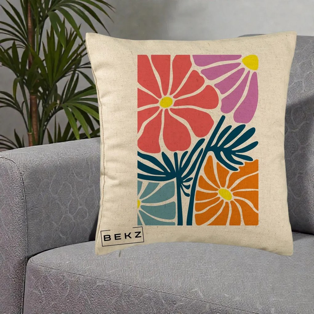 Perna Decorativa Flori Grafice Roz-Orange-Albastru, 40x40 cm, Bej, Husa Detasabila, Perna Inclusa, BEKZ®