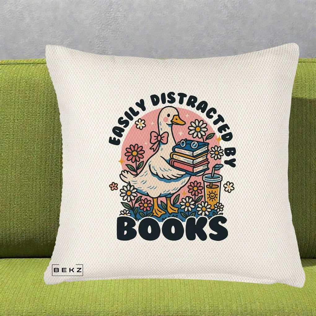 Perna Personalizata Easily Distracted by Books, 40x40 cm, Crem Reliefat, Husa Detasabila, Perna Inclusa, BEKZ®