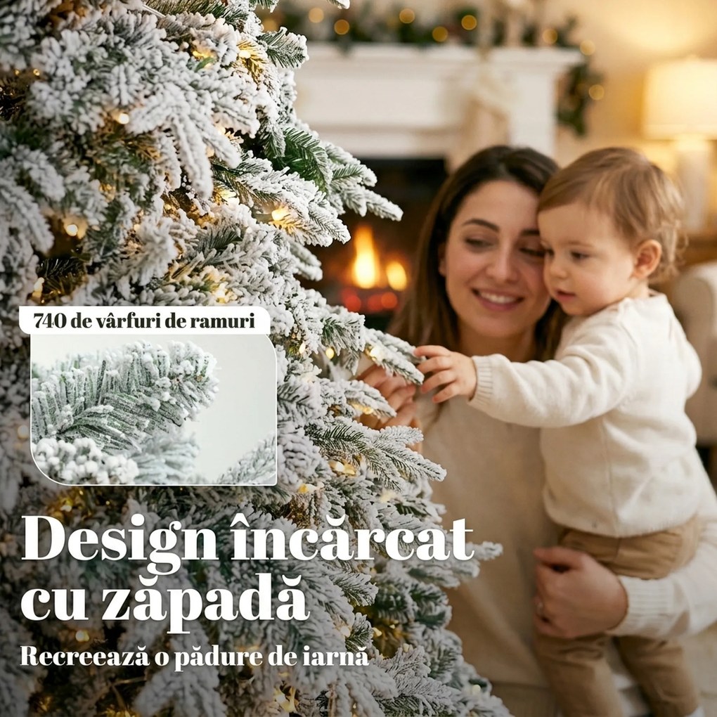 HOMCOM Brad de Crăciun Înzăpezit 180 cm cu 350 de Lumini LED Alb Cald, Timer, Telecomandă, 8 Modalități, 740 de Ramuri Ignifuge | Aosom Romania