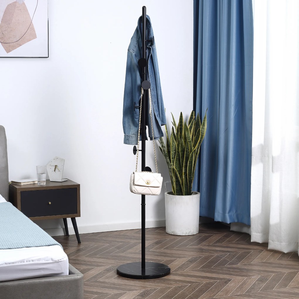 HOMCOM Cuier de Podea cu 8 Carlige, Cuier pentru Intrare si Dormitor din Otel cu Baza din Marmura, 35x35x170cm, Negru | Aosom Romania