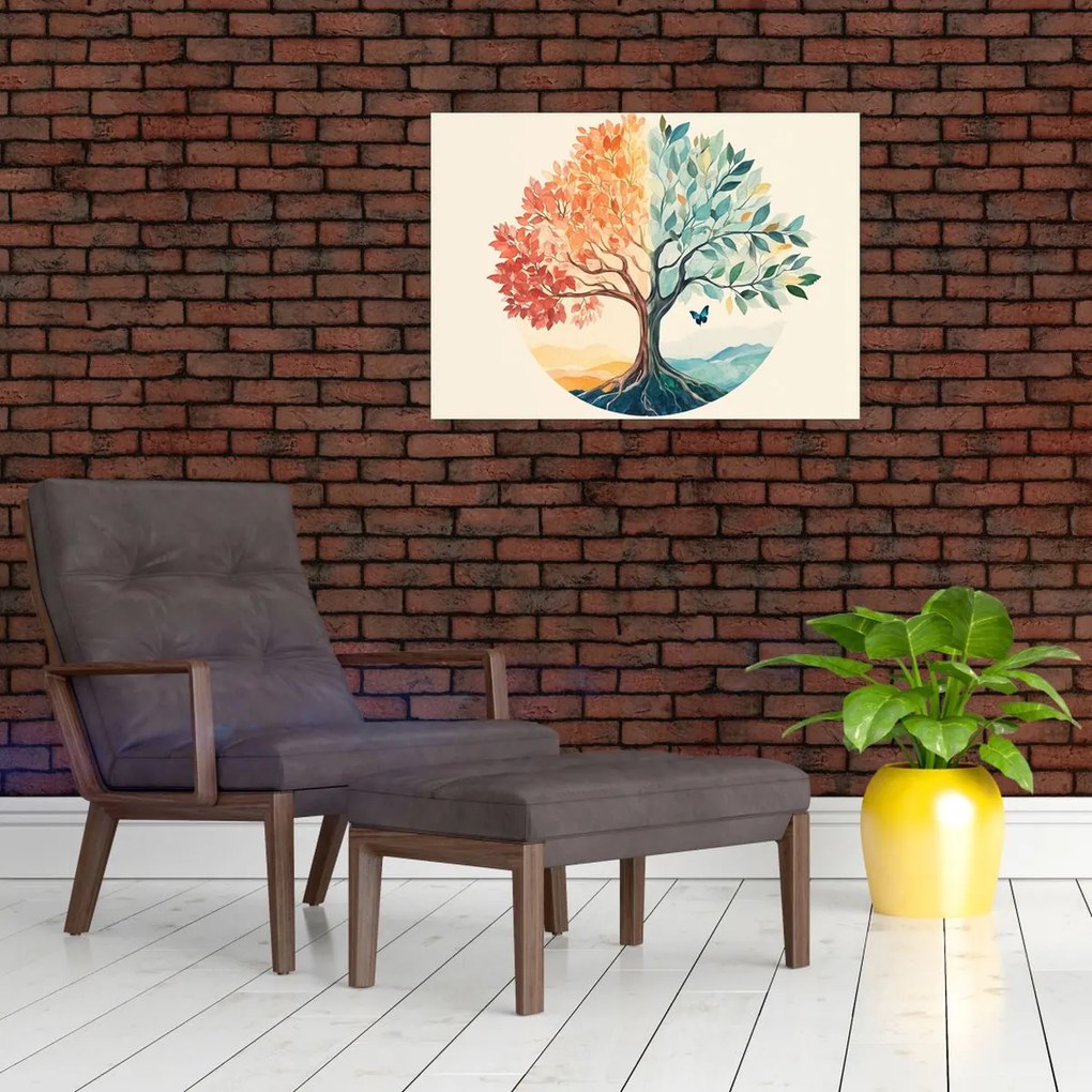 Tablou pe sticlă – Arbore dual cu fluture (70x50 cm)