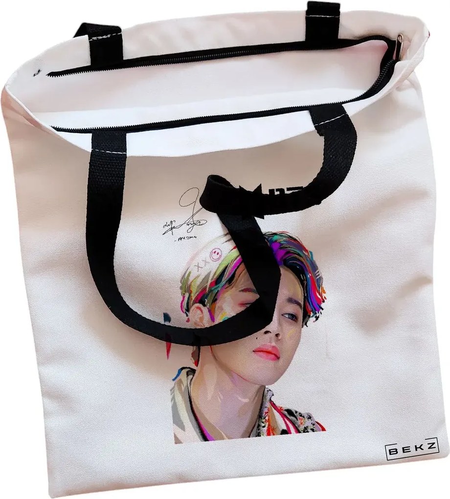 Sacosa de Panza pentru Cumparaturi, Geanta Tote, model BTS Jimin cu semnatura 3, Cu fermoar, 38x34.5 cm, Alba, BEKZ®
