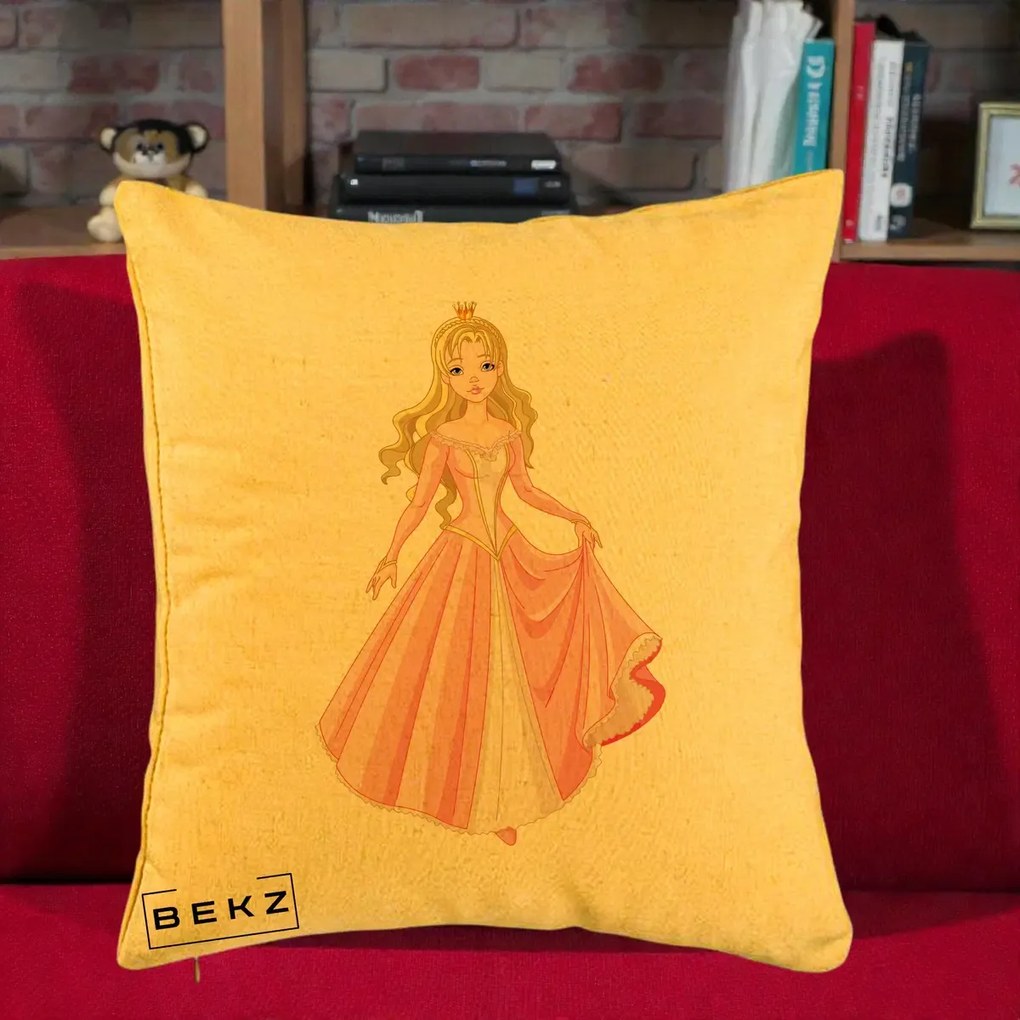 Perna Decorativa Printesa Aurora Rochie Roz, 40x40 cm, Galben, Husa Detasabila, Perna Inclusa, BEKZ®