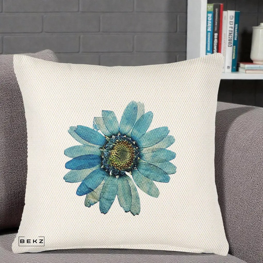 Perna Decorativa Floare Margareta Albastra Acuarela, 40x40 cm, Crem Reliefat, Husa Detasabila, Perna Inclusa, BEKZ®