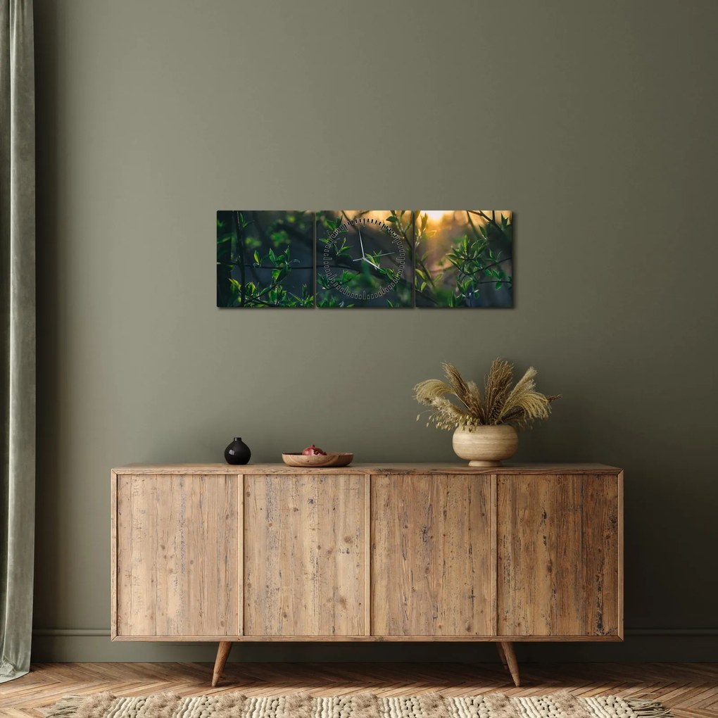 Tablou - Soarele strălucind printre crengile copacilor (cu ceas) (90x30 cm)