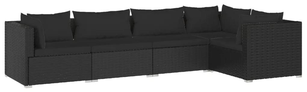Set mobilier de gradina cu perne, 5 piese, negru, poliratan Negru, 3x colt + 2x mijloc, 1