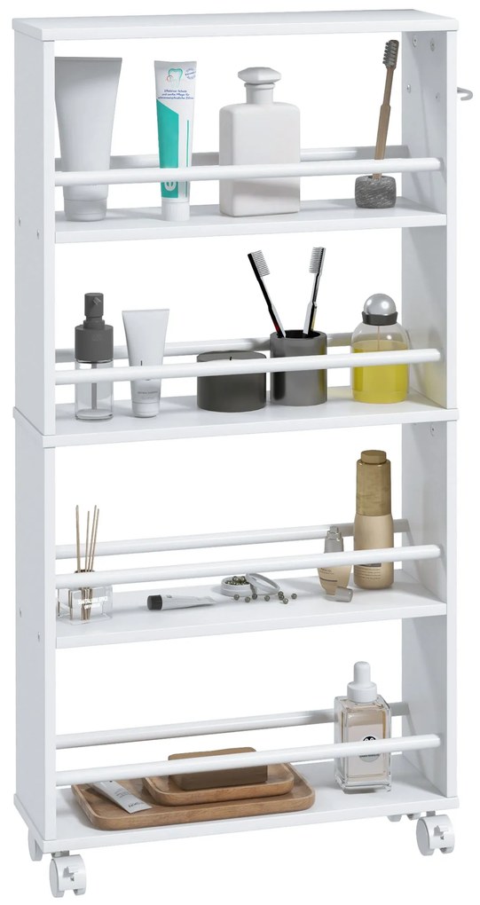 HOMCOM Cărucior de depozitare cu 4 niveluri, cărucior cu role și mânere, cărucior îngust, 45 x 15 x 91 cm, alb | Aosom Romania