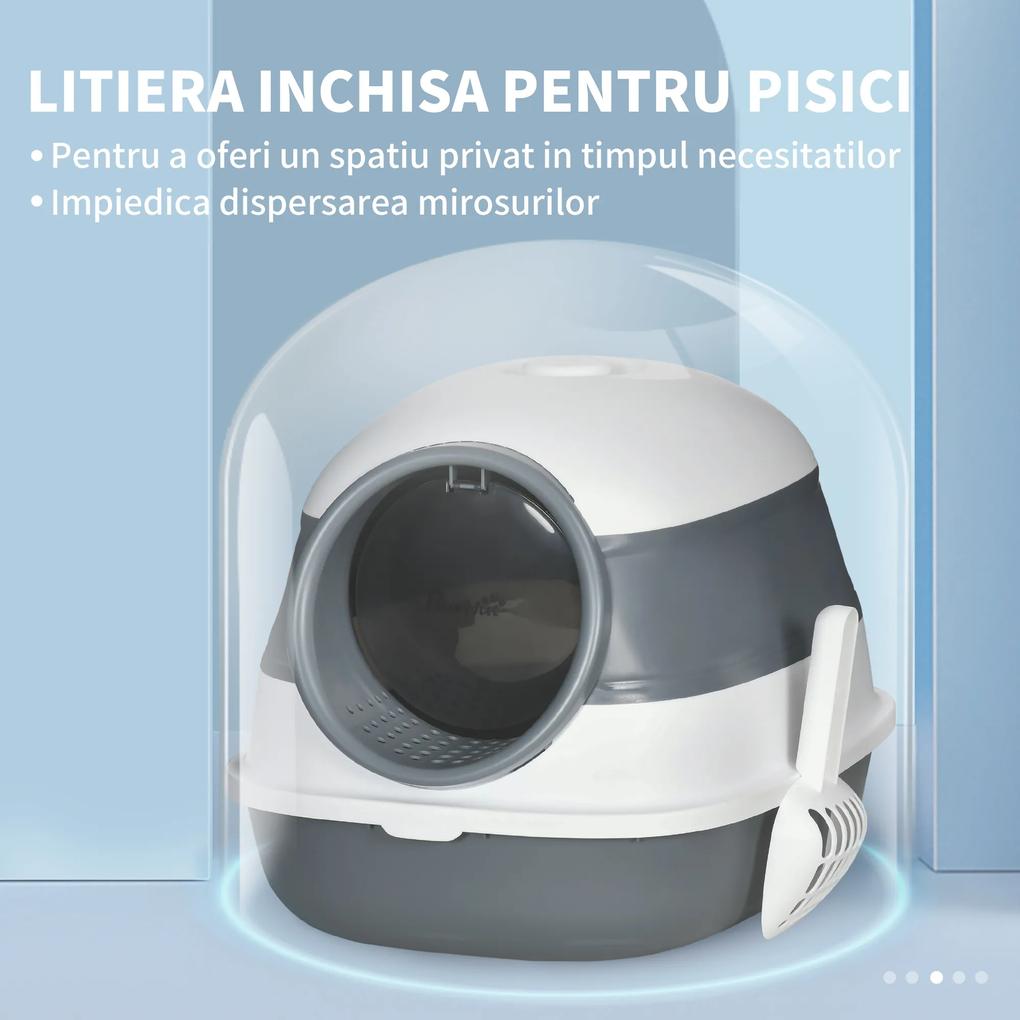 PawHut Litieră Pisici cu Paletă și Deodorant, Design Pliabil, 52x41x38 cm, Alb și Gri | Aosom Romania