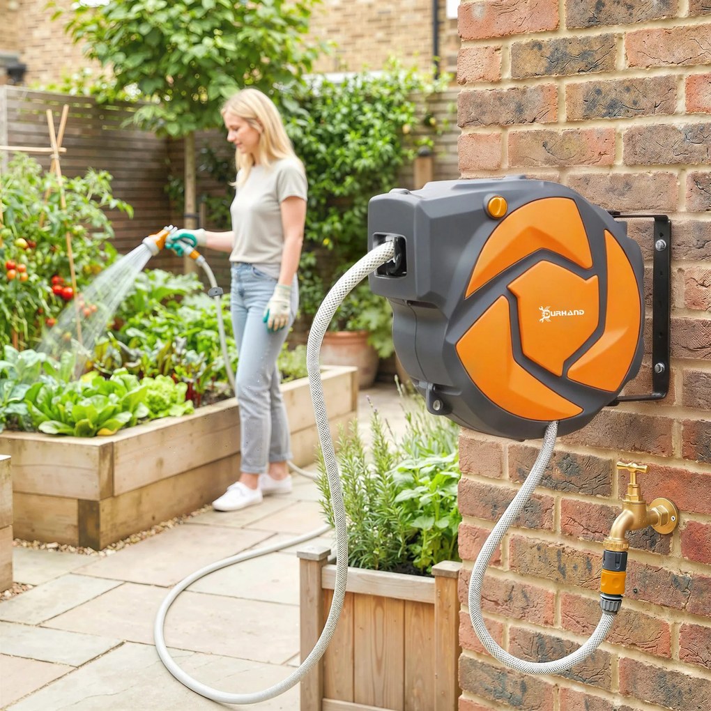 DURHAND Furtun retractabil de perete cu derulator 10+1 m, retragere automată și duză cu 7 funcții, rotire 180° | Aosom Romania