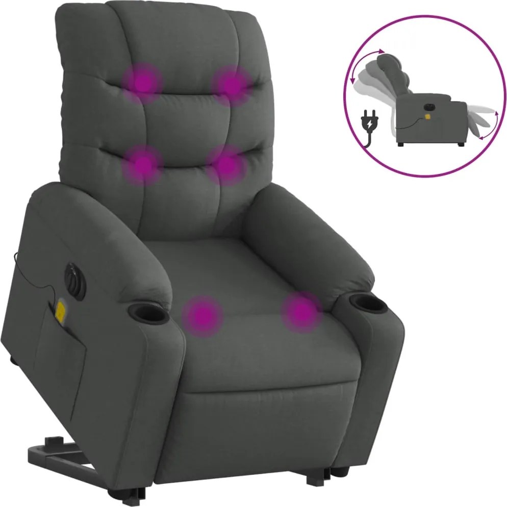 vidaXL Fotoliu electric masaj rabatabil cu ridicare, gri închis textil
