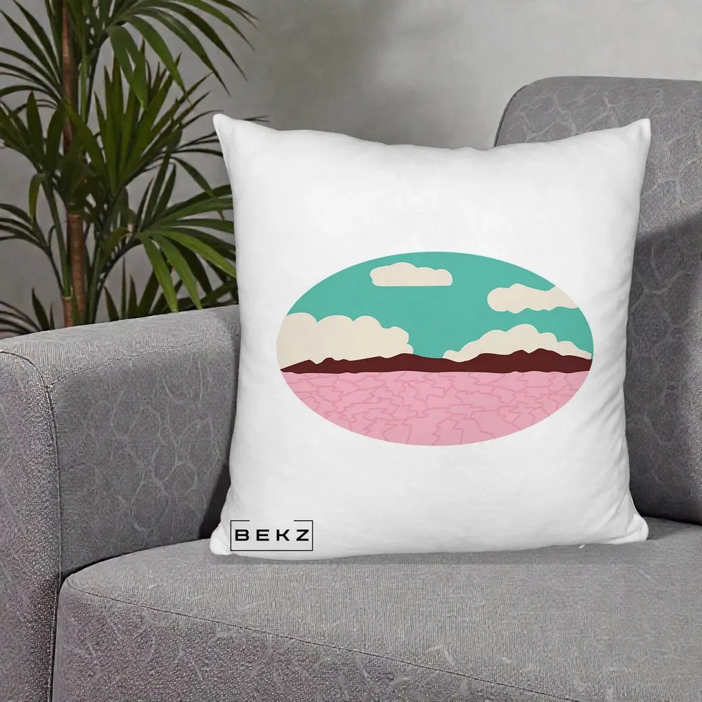 Perna Decorativa Peisaj Desert Oval Pastel, 40x40 cm, Alb Pufos, Husa Detasabila, Perna Inclusa, BEKZ®