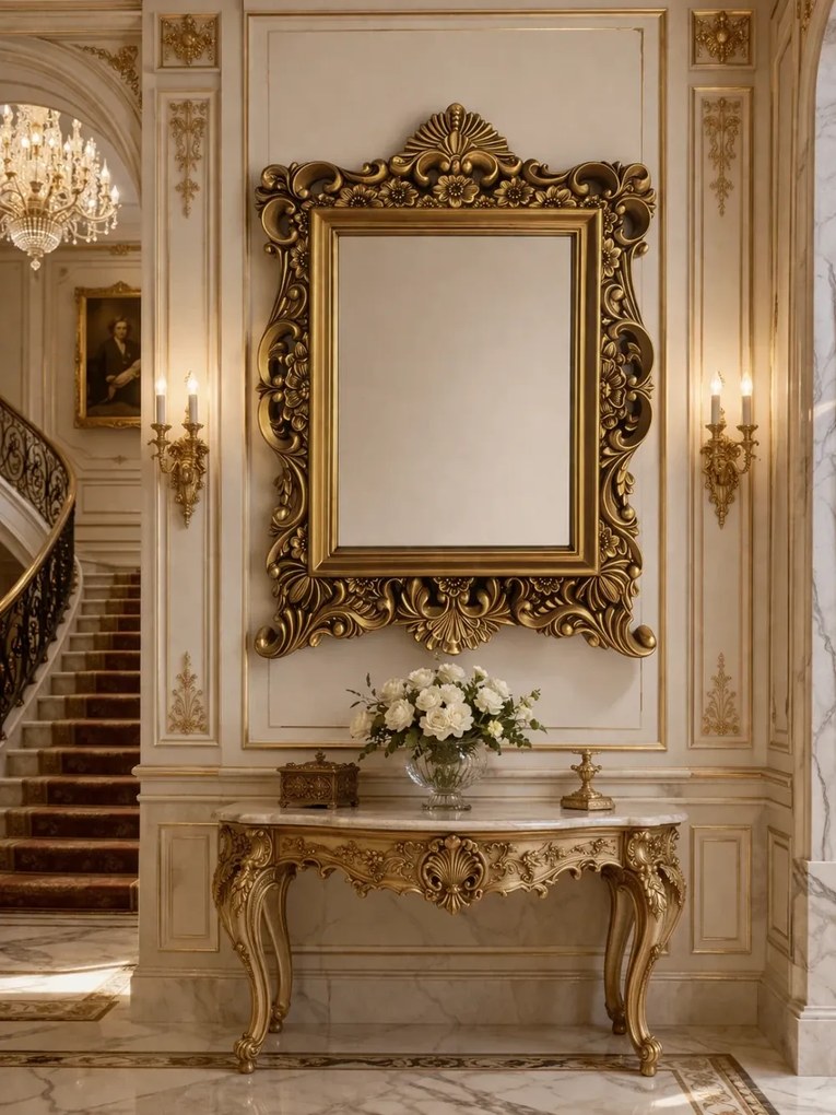 RESIGILAT- Oglindă decorativă de perete, ramă aurie antichizată, 64 × 84 cm