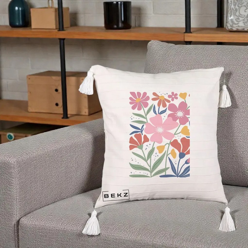 Perna Decorativa Flori Grafice Roz si Terracotta, 40x40 cm, Bej cu Franjuri, Husa Detasabila, Perna Inclusa, BEKZ®