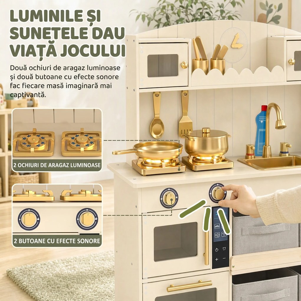 AIYAPLAY Bucătărie de Jucărie pentru Copii din Lemn, cu Lumini și Sunete, 4 Sertare din Material Textil, 12 Accesorii, Cadou, 3-6 Ani | Aosom Romania