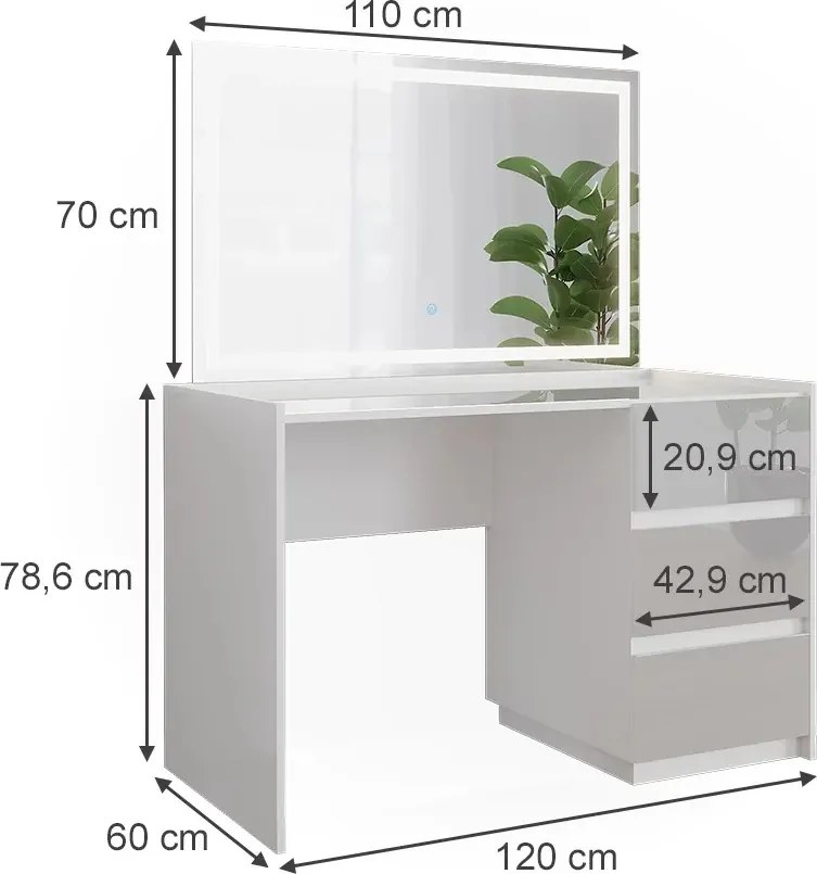 Masuta machiaj cu Oglinda LED si 3 Sertare pentru Cosmetice, Set Masa toaleta 120 cm, Alb Lucios, masuta cosmetica, vanity - SEA806