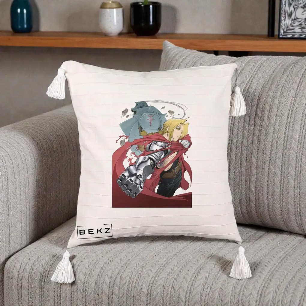 Perna Personalizata Fullmetal Alchemist Brotherhood Edward si Al Poster, 40x40 cm, Bej cu Franjuri, Husa Detasabila, Perna Inclusa, BEKZ®
