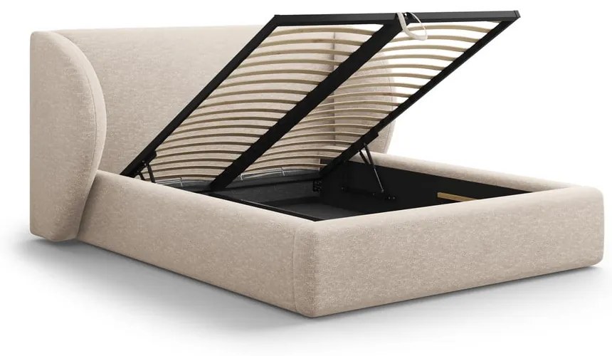 Pat matrimonial bej tapițat cu spațiu de depozitare cu somieră 180x200 cm Miley – Micadoni