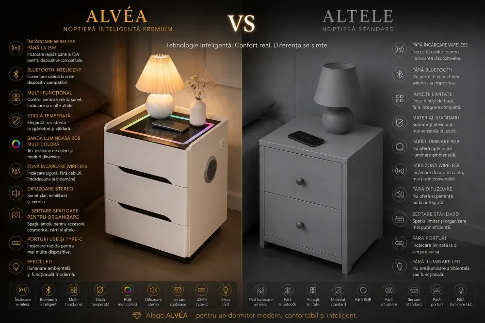 ALVÉA — Noptieră inteligentă cu încărcare Wireless, Bluetooth Stereo, iluminare RGB, USB + Type-C, Alb
