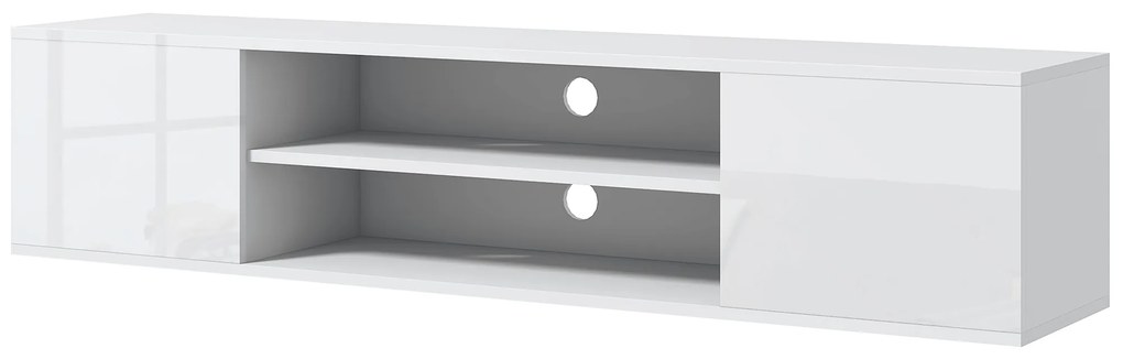 HOMCOM Dulap TV suspendat pe perete, stil contemporan, 2 dulapuri, 2 rafturi centrale, 2 orificii pentru cabluri, 140x30x30 cm, alb | Aosom Romania