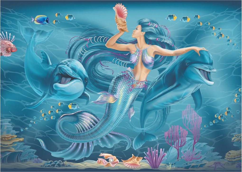Tablou pe sticlă - Sirenă cu delfini (70x50 cm)