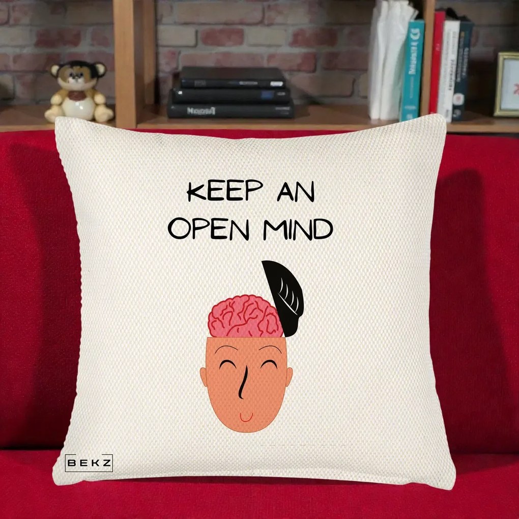 Perna Decorativa Keep An Open Mind, 40x40 cm, Crem Reliefat, Husa Detasabila, Perna Inclusa, BEKZ®