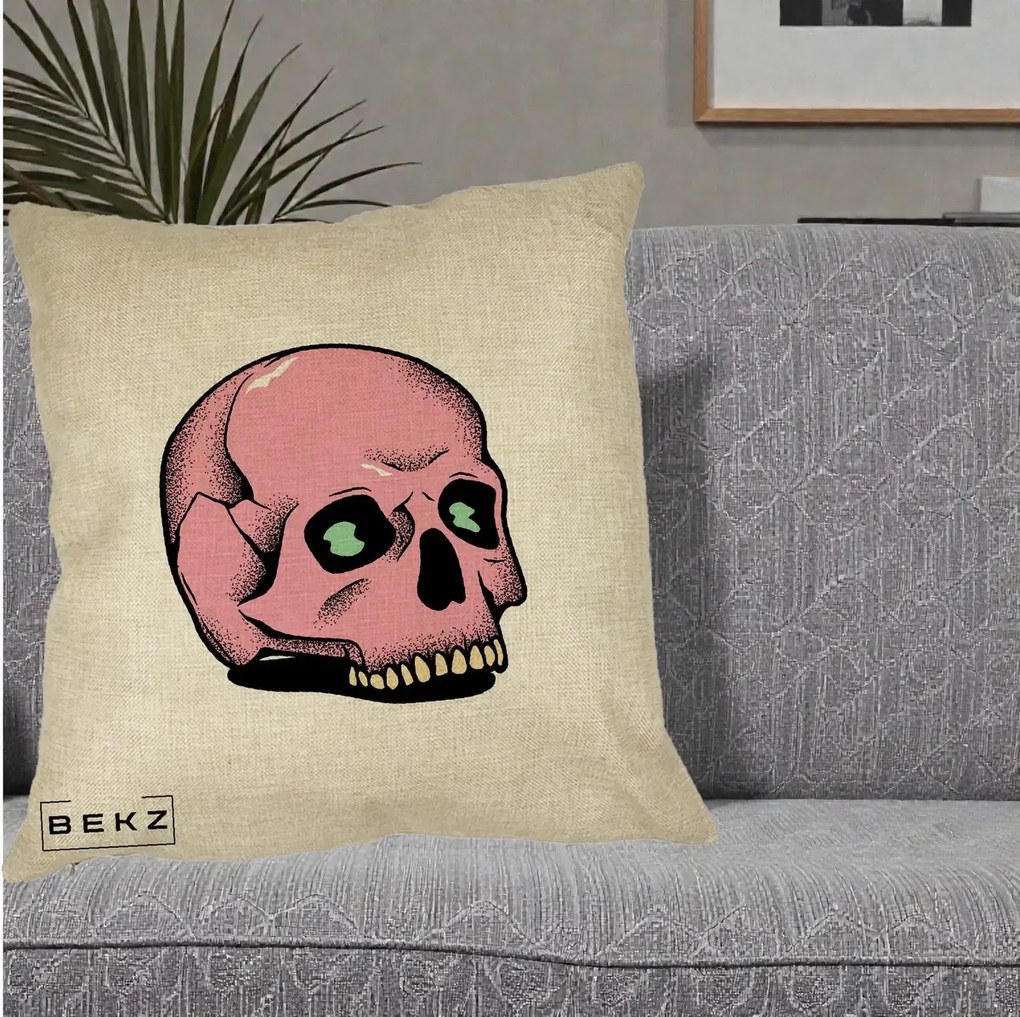 Perna Decorativa Craniu Roz Tatoo Art Halloween, 40x40 cm, Crem, Husa Detasabila, Perna Inclusa, BEKZ®