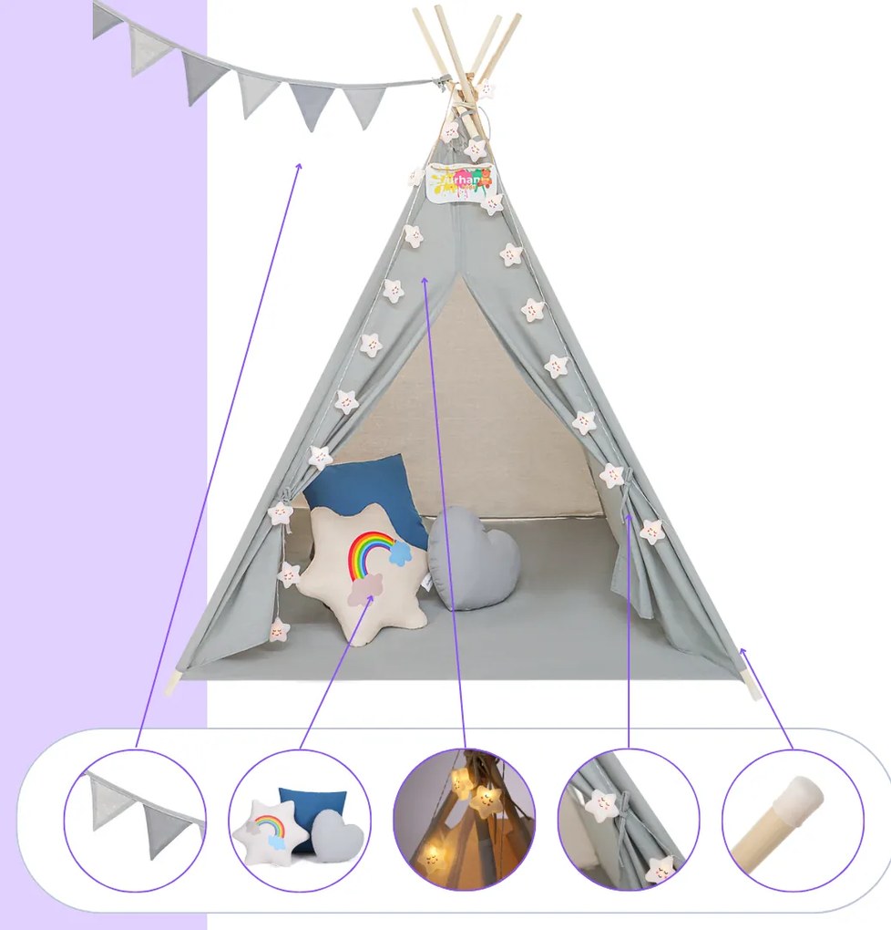 Jurhan Cort tip teepee pentru copii JULIUS, 120x120x160cm, gri/albastru