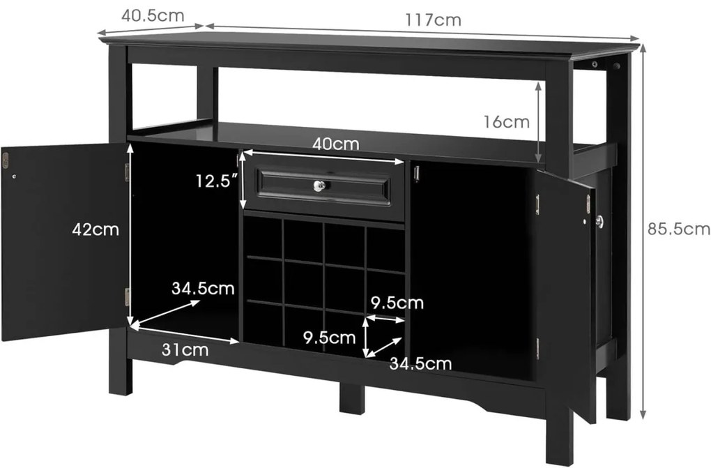 CBN1 - Comoda Bar, 117 cm, depozitare vin, bautura, condimente, dulap cu rafturi bucatarie, living, dining, multifunctional - Neagra