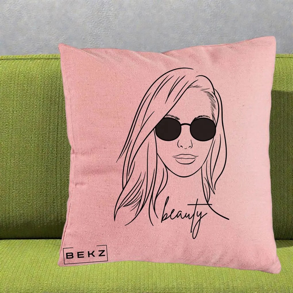 Perna Decorativa Beauty Girl Line Art, 40x40 cm, Roz, Husa Detasabila, Perna Inclusa, BEKZ®