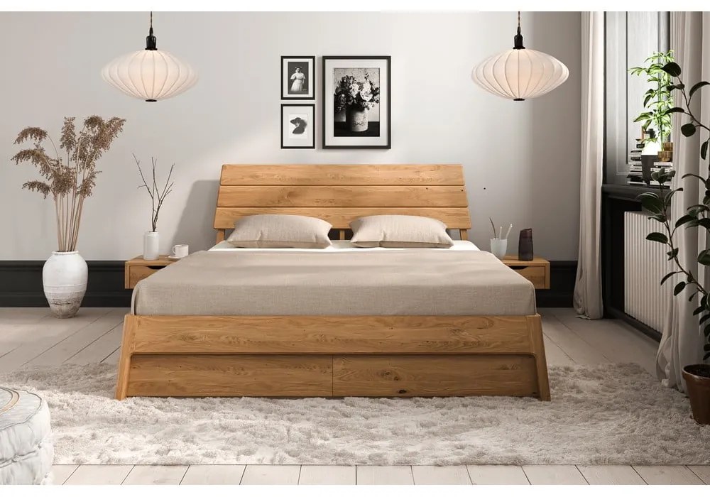 Pat matrimonial în culoare naturală din lemn de stejar 180x200 cm Twig – The Beds