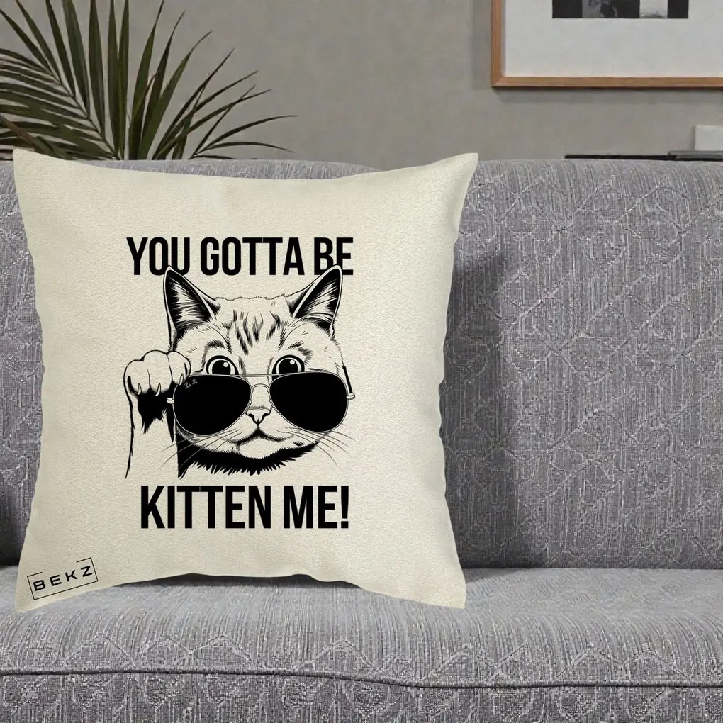 Perna Decorativa You Gotta Be Kitten Me!, 40x40 cm, Ecru, Husa Detasabila, Perna Inclusa, BEKZ®