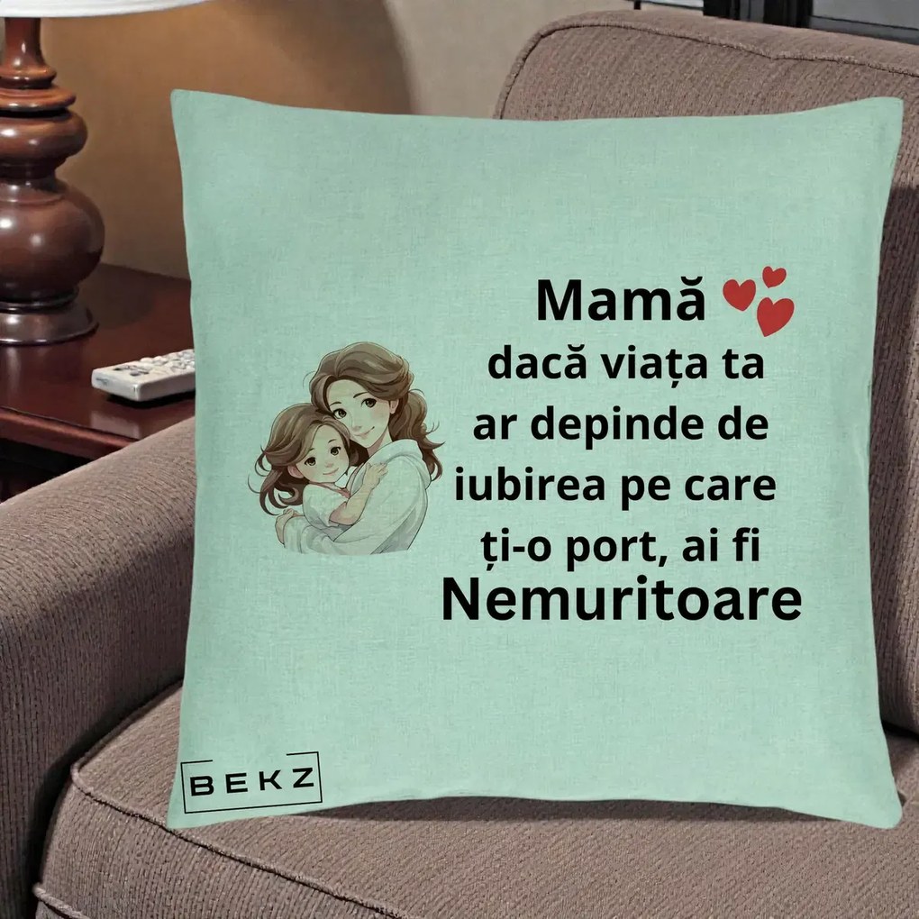 Cadou pentru Mama - Perna Personalizata Mama Nemuritoare cu Balon Inima, 40x40 cm, Verde Menta, Husa Detasabila, Perna Inclusa, BEKZ®