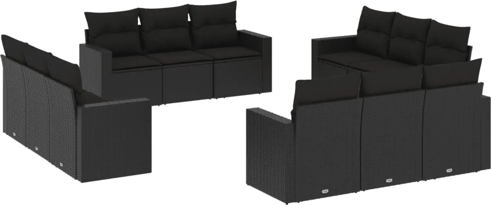vidaXL Set canapele de grădină, 12 piese, cu perne, negru, poliratan