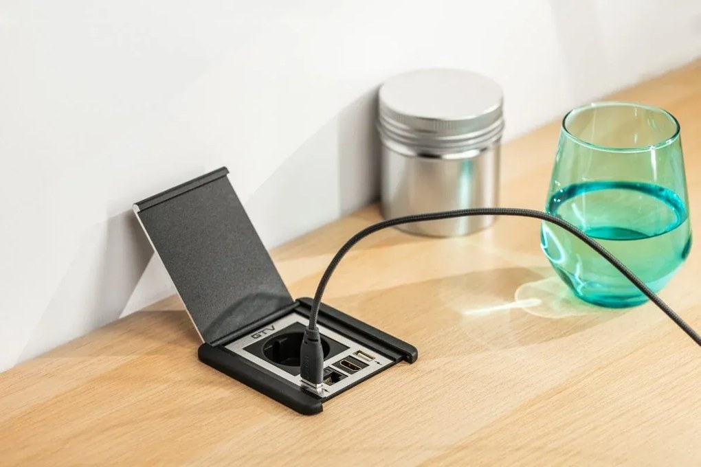 Priză încorporabilă în blat Flip GTV, 1 priză Schuko, 2 x USB A, HDMI, RJ45, negru, 92 x 98 mm Negru, Aluminiu/Plastic, L:92 mm; l:98 mm