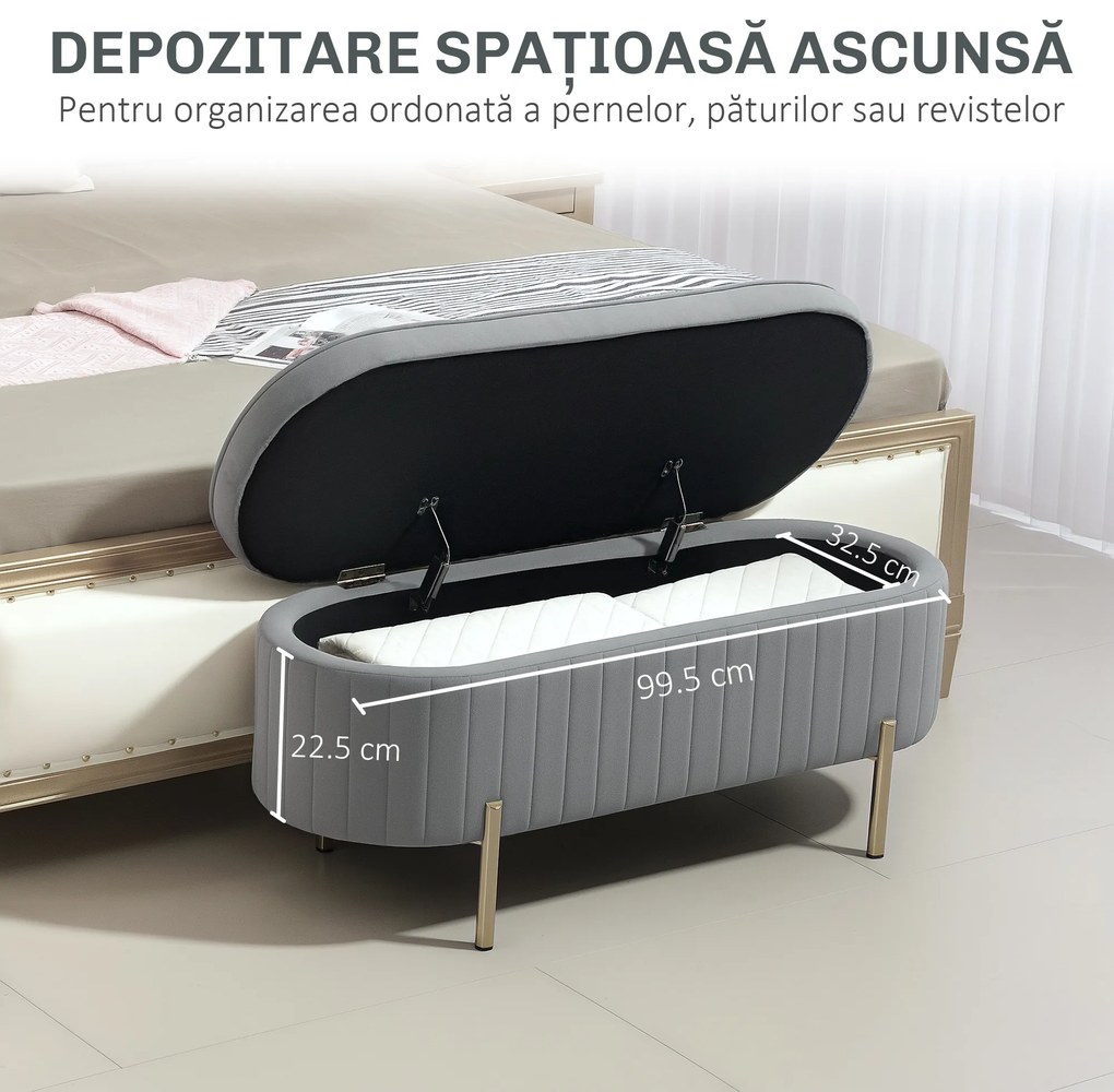 HOMCOM Bancă de Depozitare pentru Intrare Ovală 72L cu Design Scanalat, Capac Ridicabil și Șezut Capitonat, Bancă de la Capătul Patului Pouf în Catifea și Picioare de Lemn de Pin, 108x44x43.5 cm, Gri | Aosom Romania