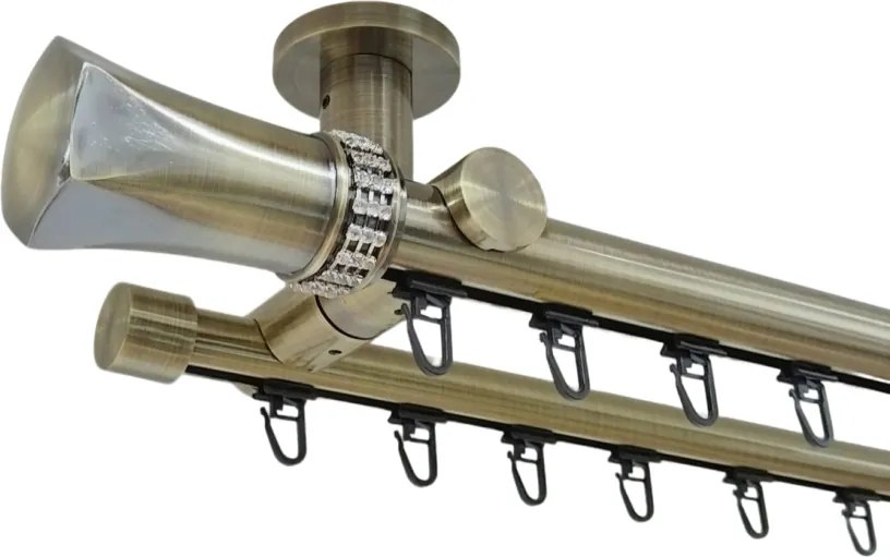 Galerie dublă Pluton Crystal 25/19 mm aur antic – țeavă profil, prindere tavan