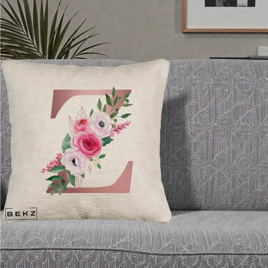 Cadou Personalizat - Perna Personalizata Monograma Rose Gold Litera Z, 40x40 cm, Bej Canapea, Husa Detasabila, Perna Inclusa, BEKZ®
