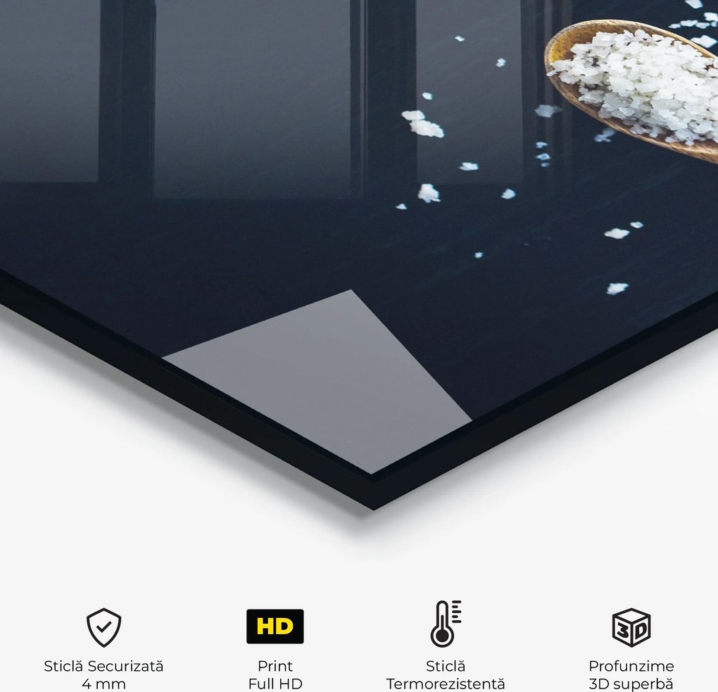 Panou Sticla Bucatarie, 80x120cm, Protectie aragaz, Antistropi, Termorezistent, Alimente, Condimente, Salt On Black