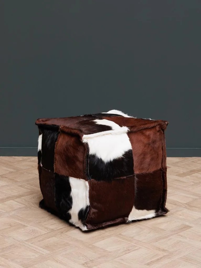 Puf din piele de vacă cu păr, maro, cu panouri în patchwork, 46 x 46 x 46 cm, „Brown”